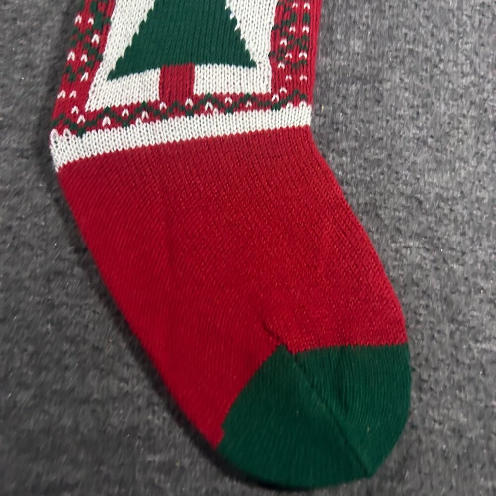 Vintage Knit Christmas Stocking Tree Red Green Yarn Crochet Pom Pom - Picture 4 of 8